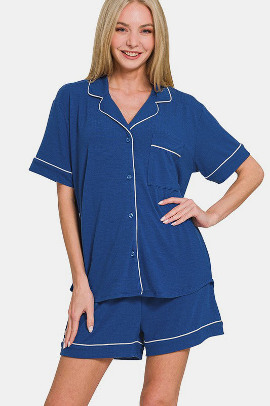 Zenana Blue Short Sleeve Top and Shorts Lounge Set