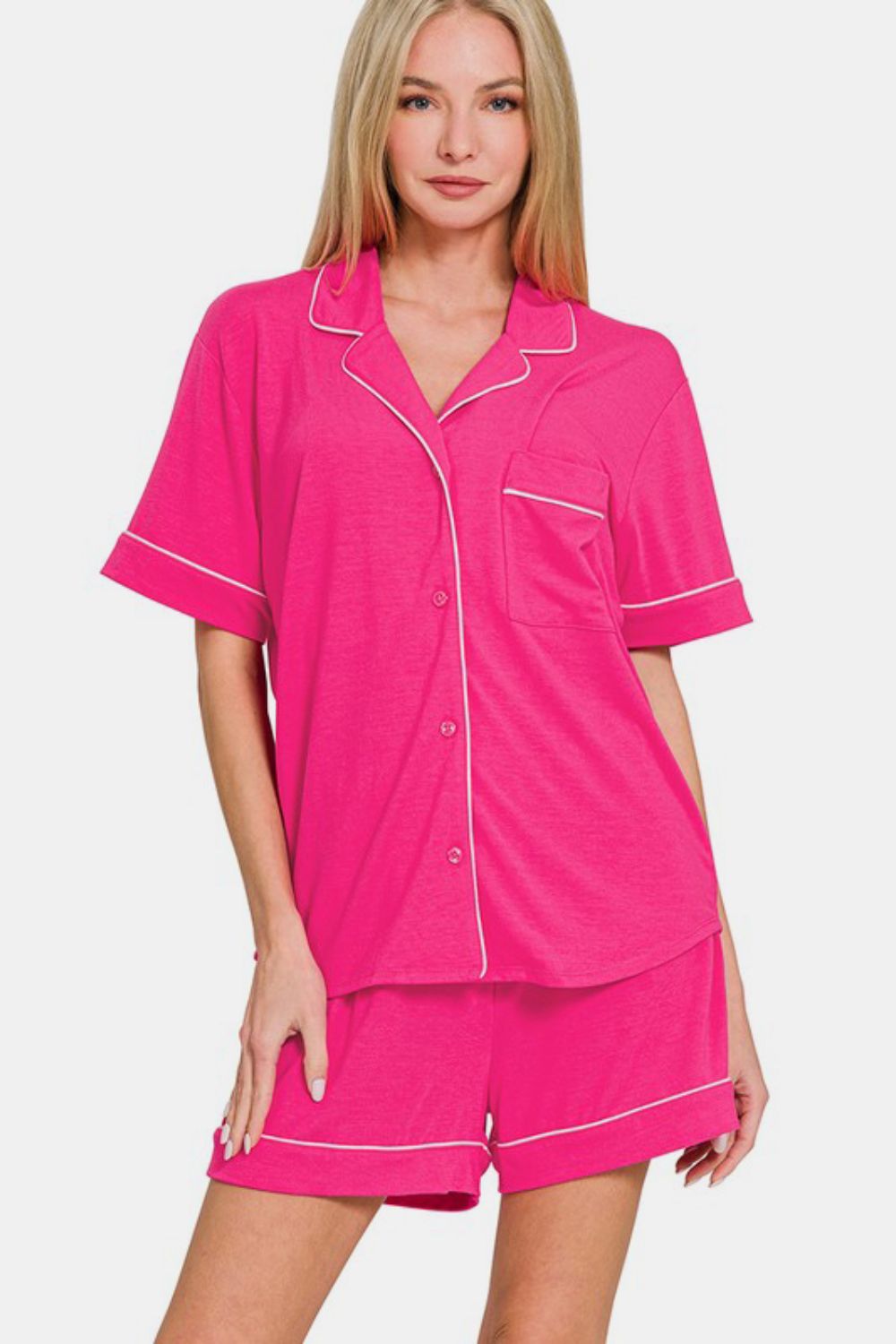 Zenana Hot Pink Short Sleeve Top and Shorts Lounge Set