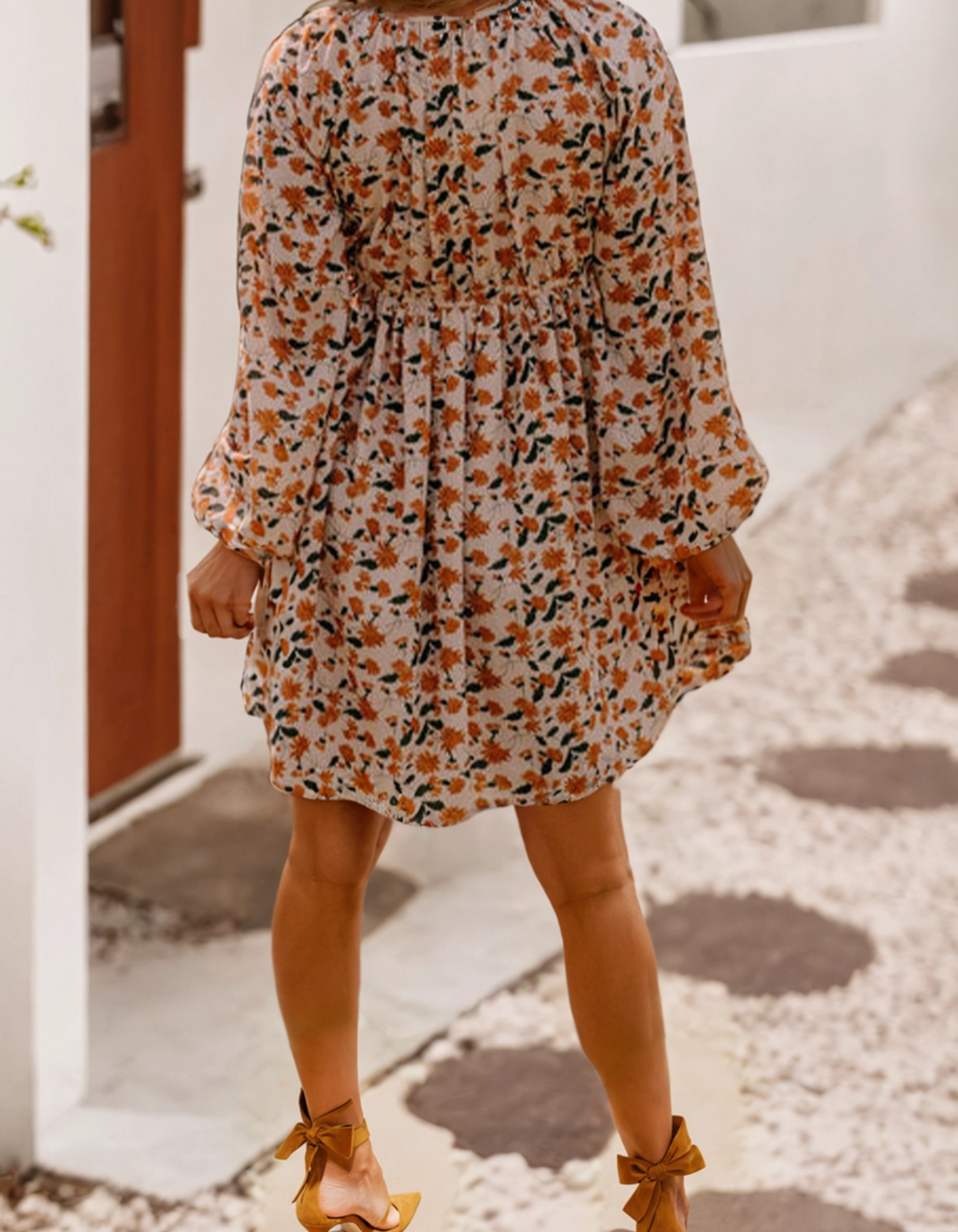 Floral Deep V Neck Bubble Sleeve Dress