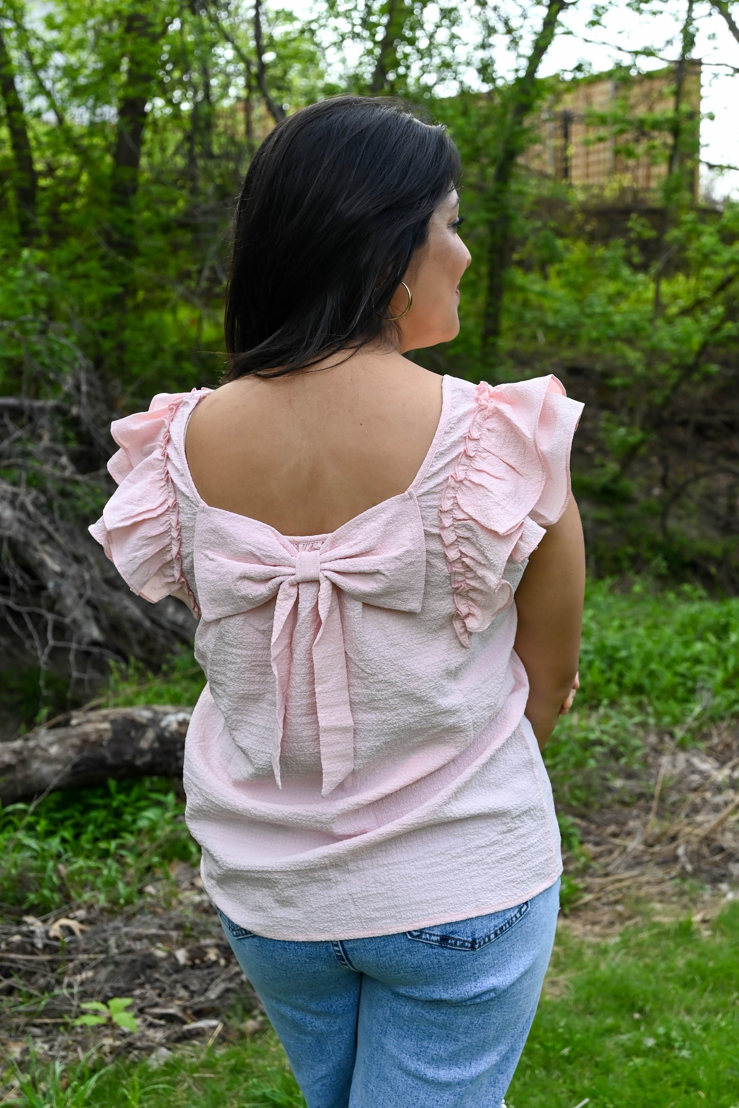 Textured Bow Knot Frilled Butterfly Sleeve Blouse