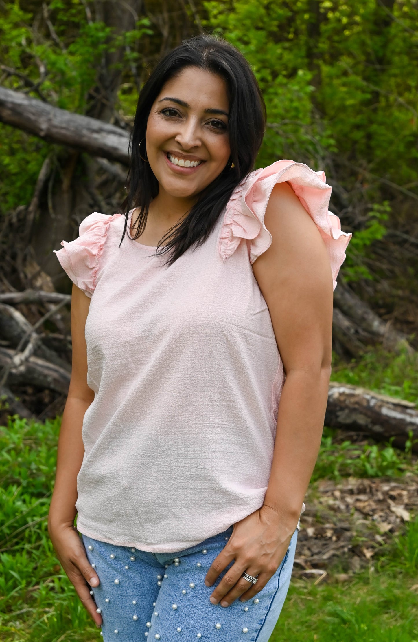 Textured Bow Knot Frilled Butterfly Sleeve Blouse