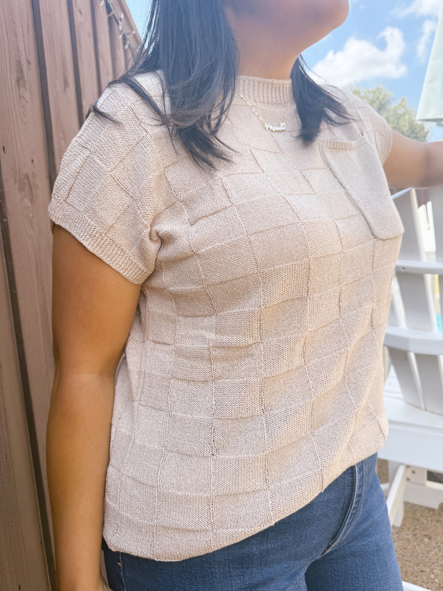 Checkered Print Knit Short Sleeve Sweater