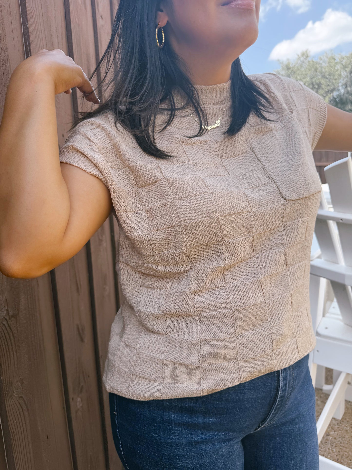 Checkered Print Knit Short Sleeve Sweater