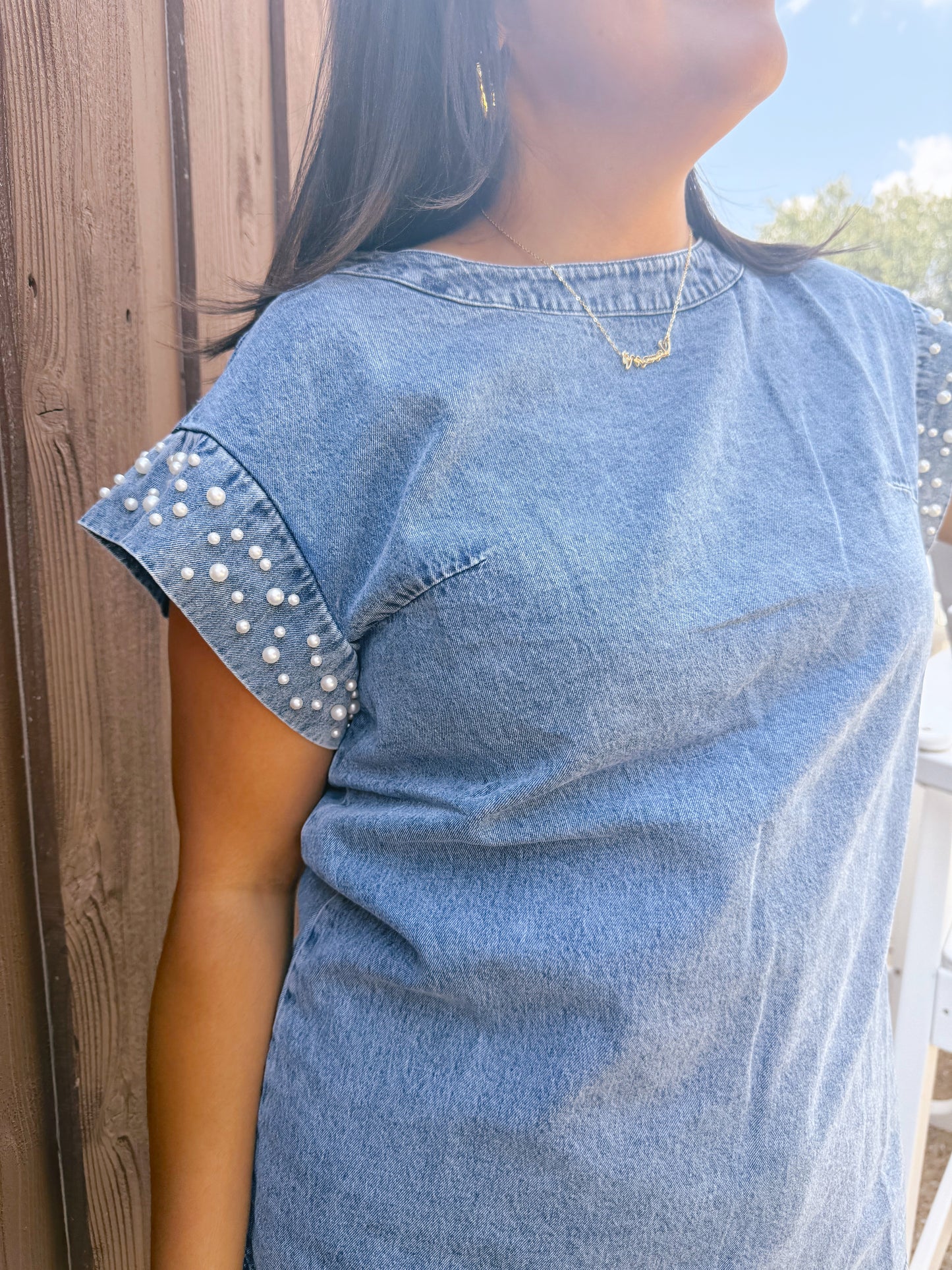 Denim Top with Pearls