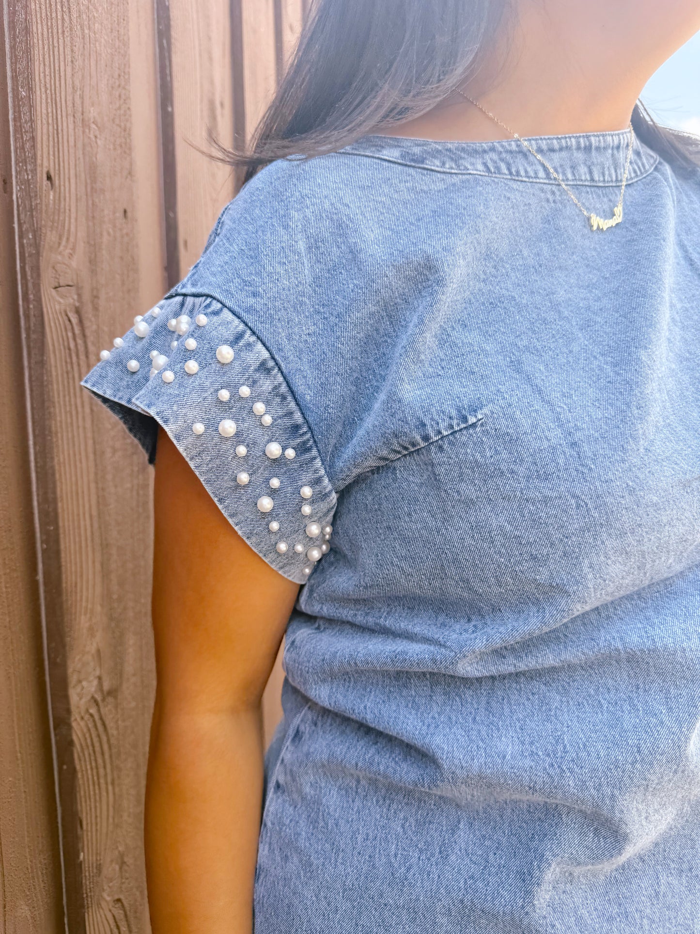 Denim Top with Pearls