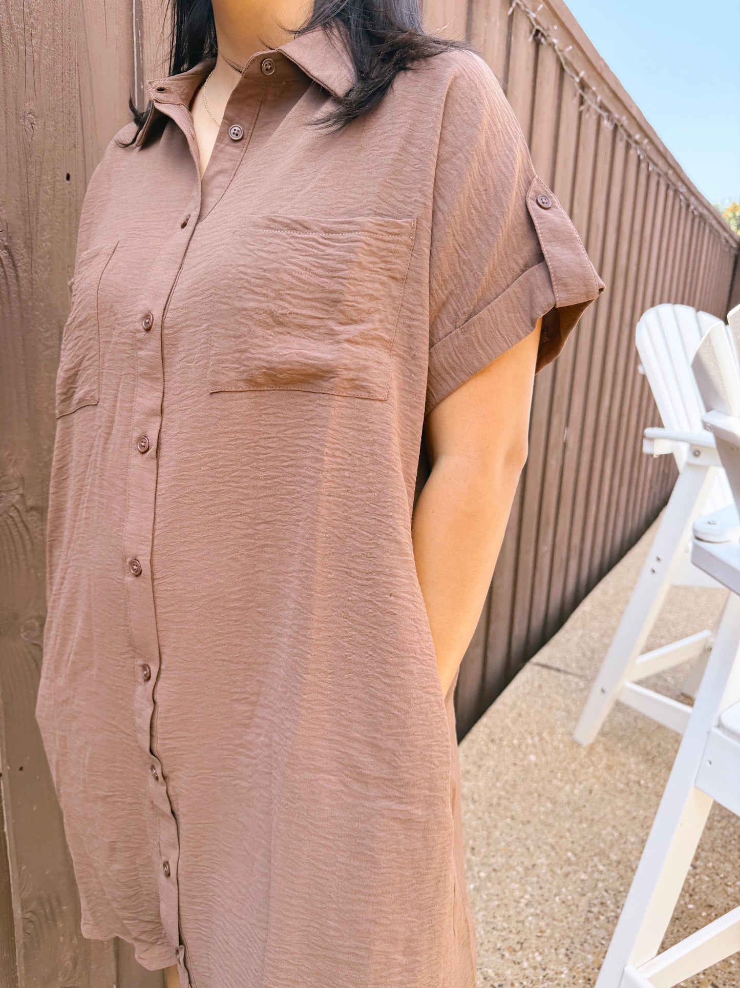 DROP SHOULDER BUTTON UP WOVEN SHIRT DRESS WITH POCKETS