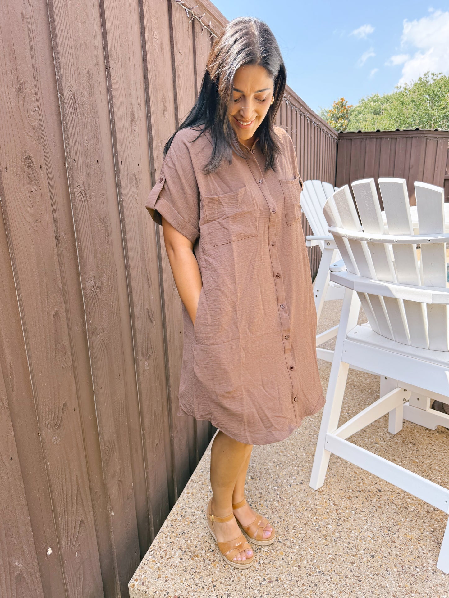 DROP SHOULDER BUTTON UP WOVEN SHIRT DRESS WITH POCKETS