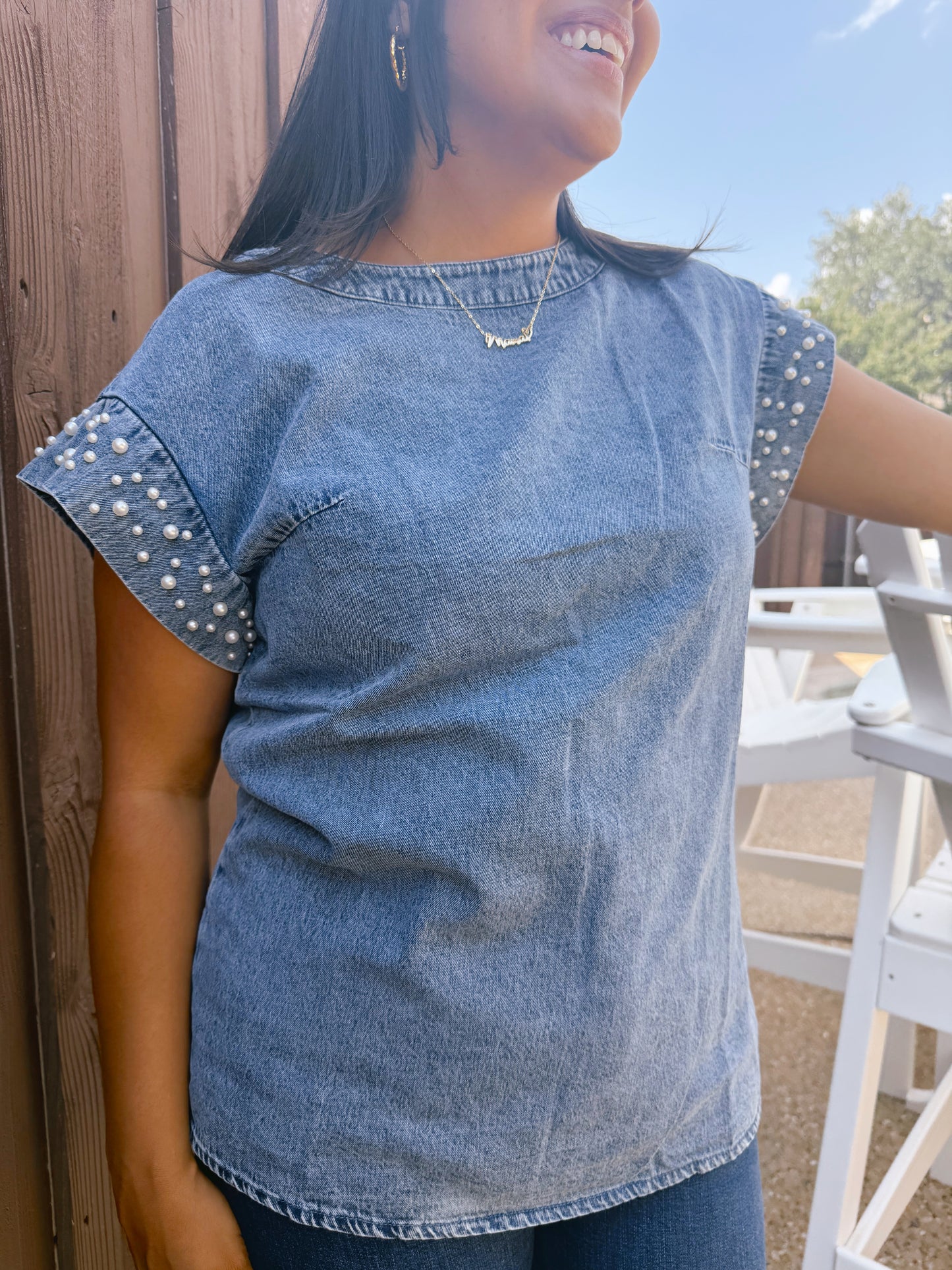 Denim Top with Pearls