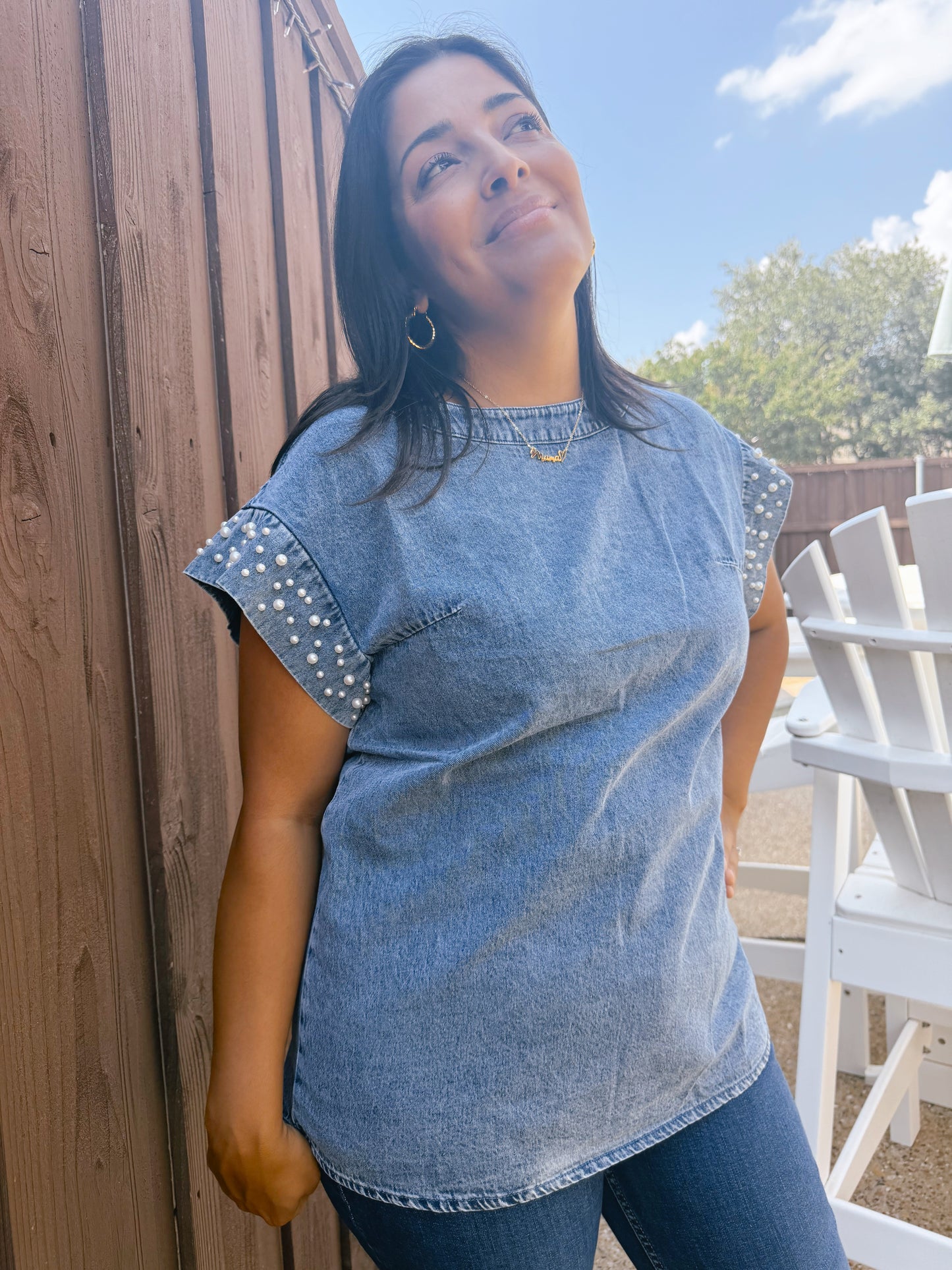 Denim Top with Pearls