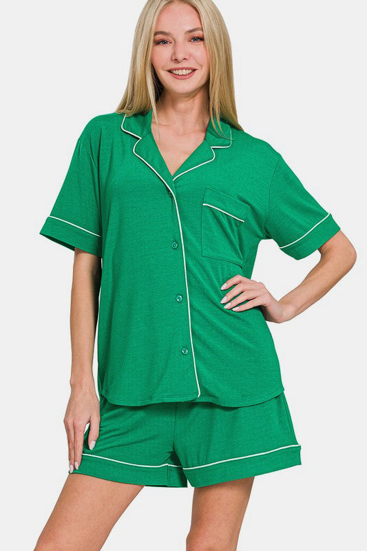 Zenana Green Short Sleeve Top and Shorts Lounge Set