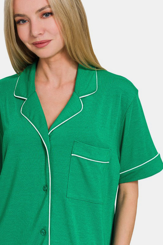 Zenana Green Short Sleeve Top and Shorts Lounge Set