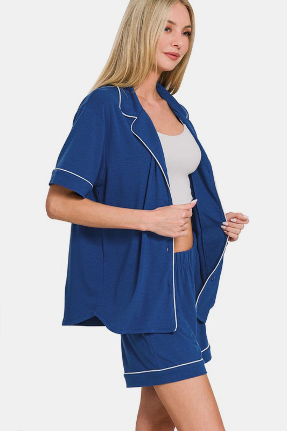 Zenana Blue Short Sleeve Top and Shorts Lounge Set