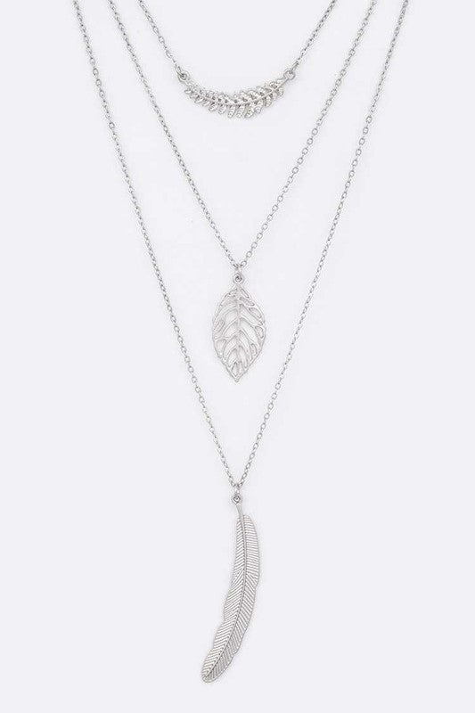 3 Layer Leaf And Feather Mix Charm Necklace