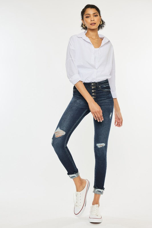 Kan Can High Rise Button Down Cuffed Ankle Skinny Jeans