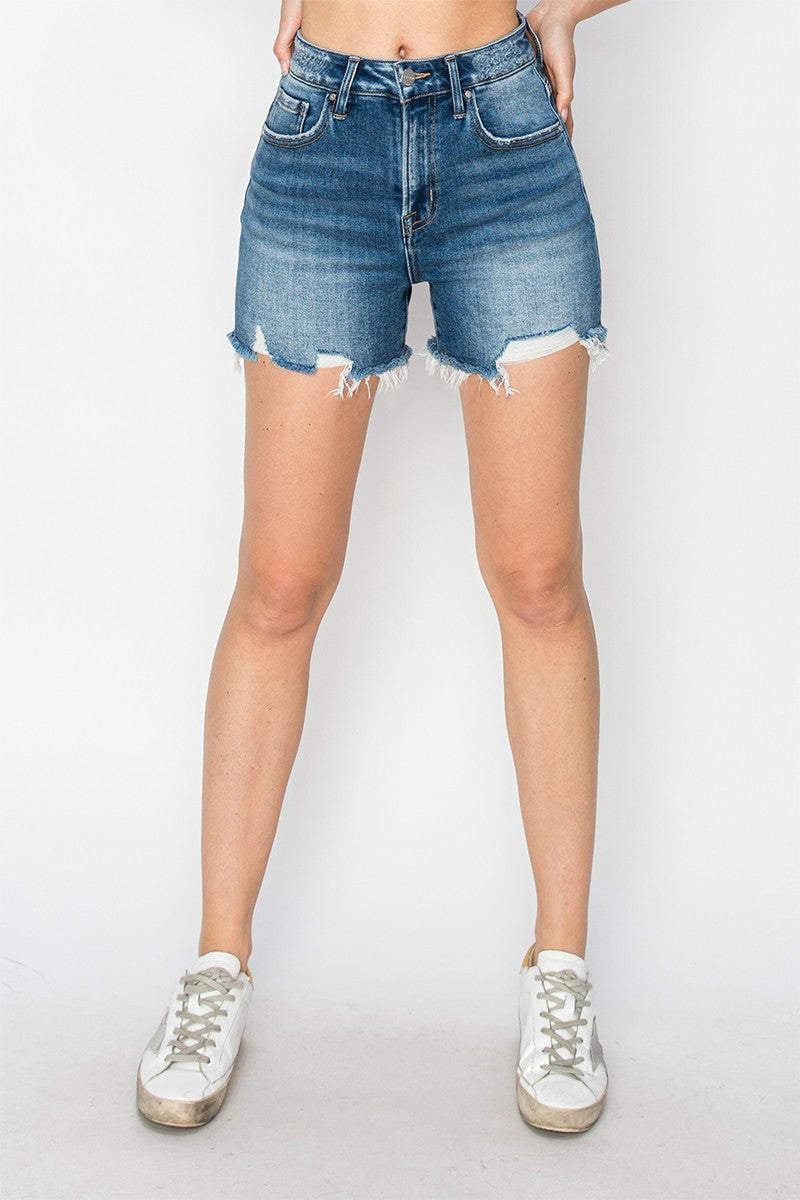 Risen High-Rise Distressed Denim Shorts