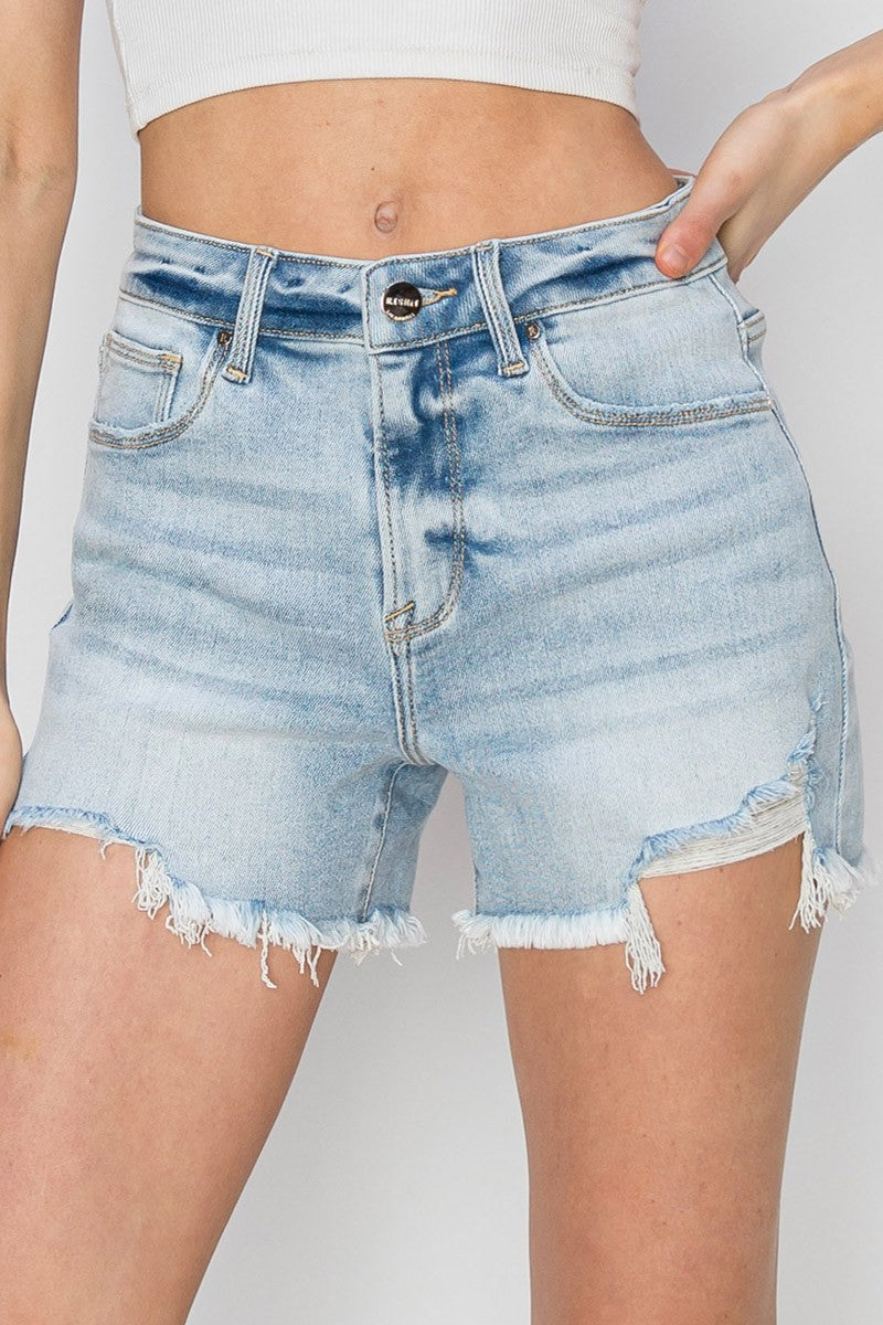 Risen Light Wash High Rise Frayed Hem Shorts