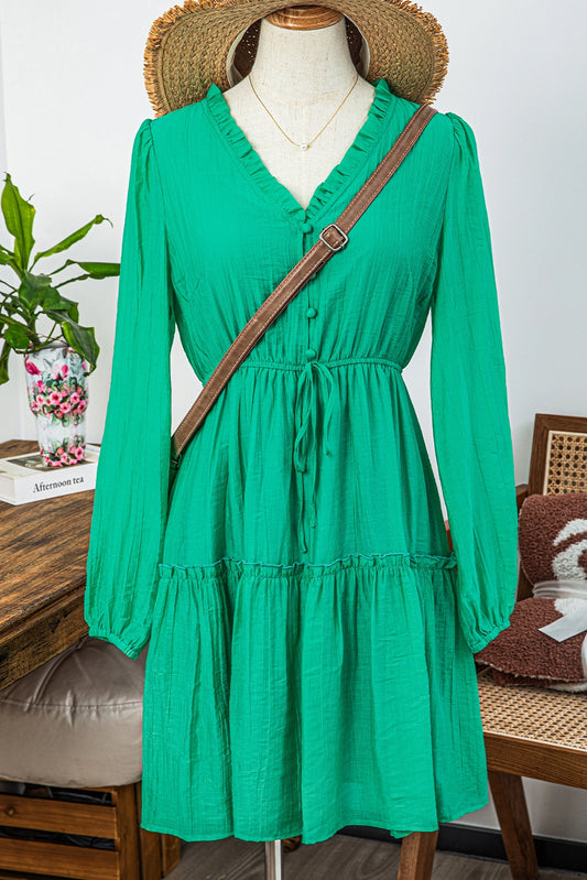 Frillu V-neck Puff Sleeve Dress