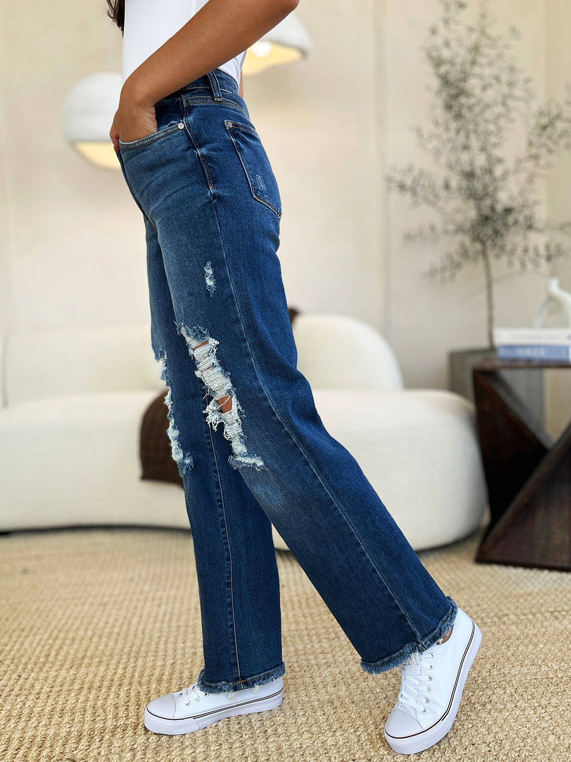 Judy Blue Mid Rise Distressed Raw Hem Jeans