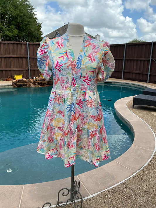 Tropical Breeze Puff Sleeve Tiered Dress