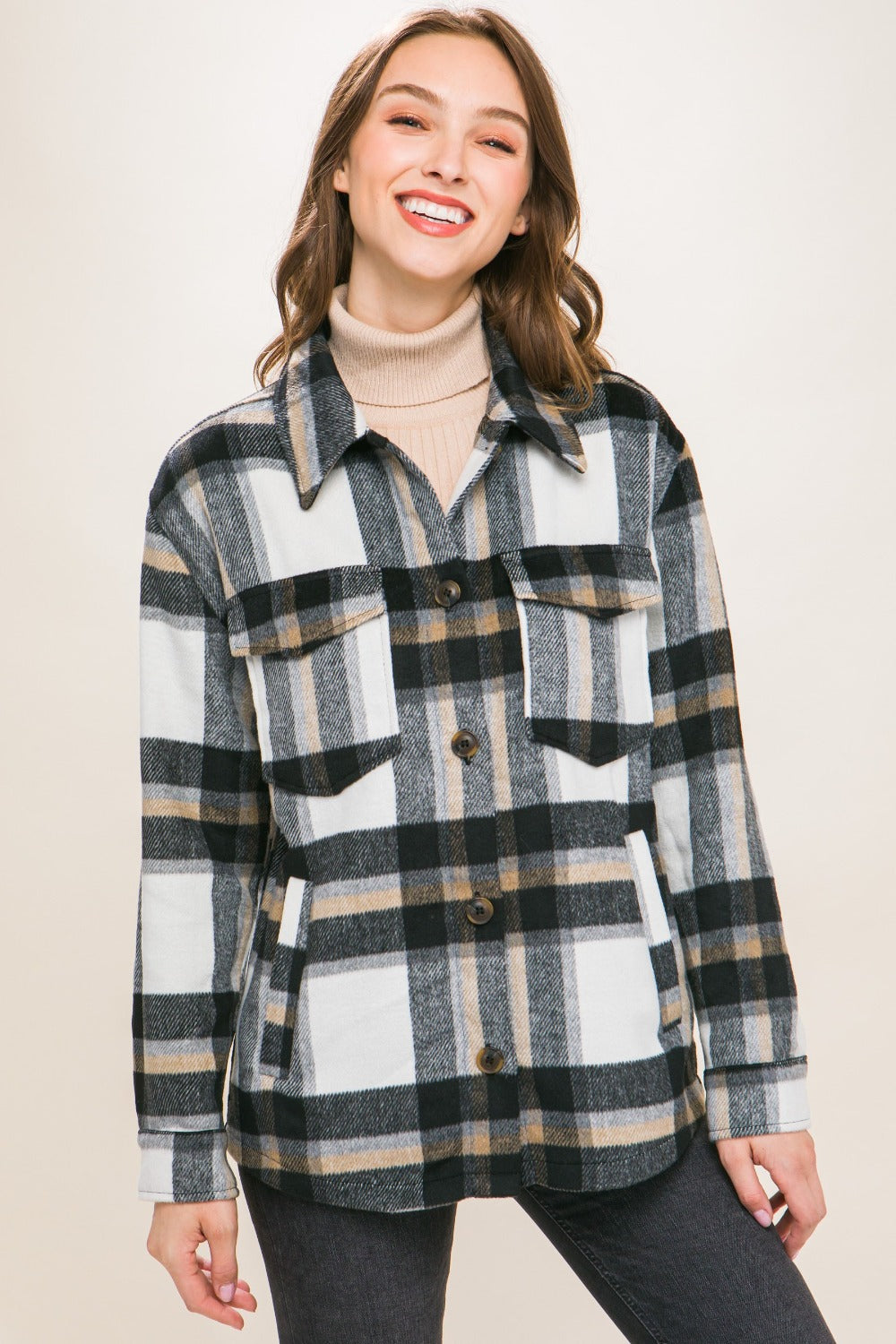 Black Plaid Button Up Shacket