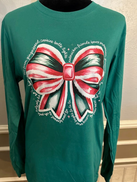 Candy Cane Bow Long Sleeve Tshirt