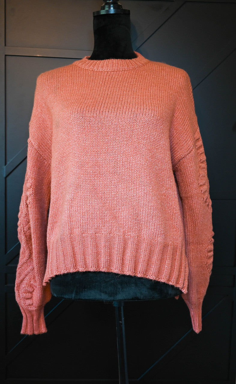 LONG SLEEVE KNIT SWEATER TOP WITH PATTERNED SLEEVE DETAIL