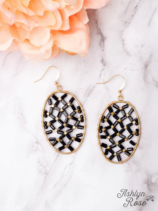 Black Bead Oval Dangle Earrings