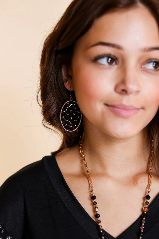 Black Bead Oval Dangle Earrings