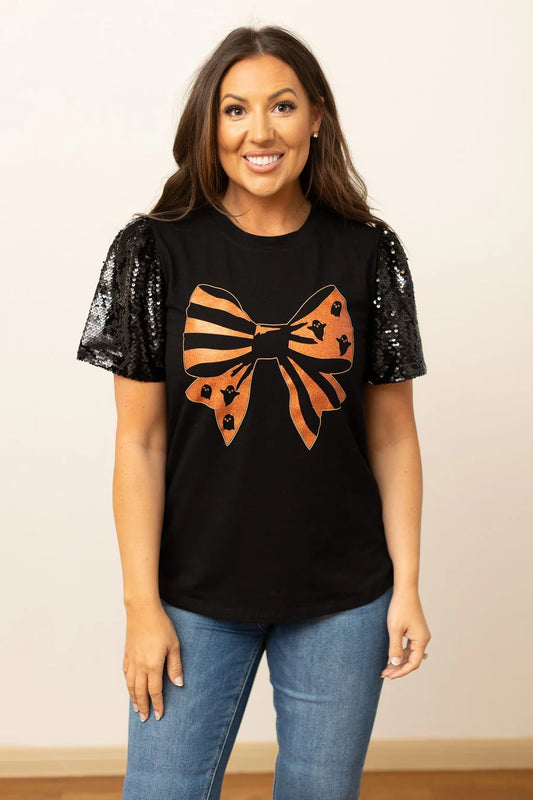 Halloween Bow/Sequin Sleeves Top