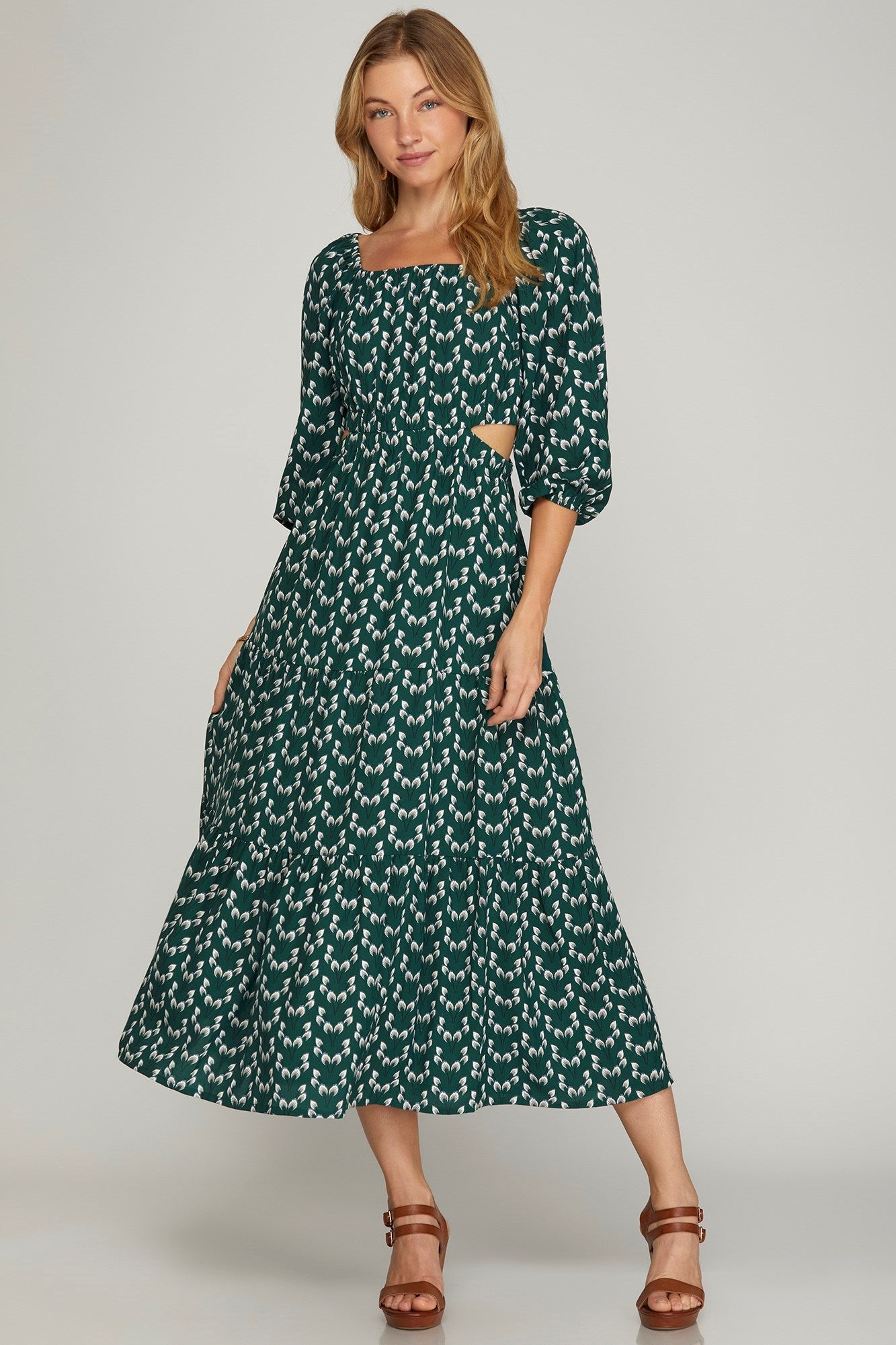 Sea Green 3/4 Sleeve Midi Dress