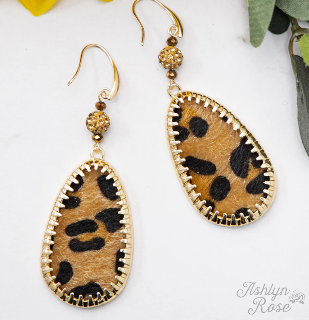 Leopard Teardrop Earrings with Gold Border