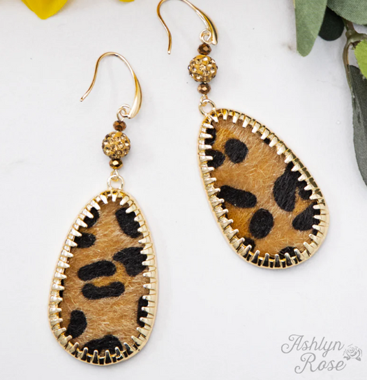 Leopard Teardrop Earrings with Gold Border