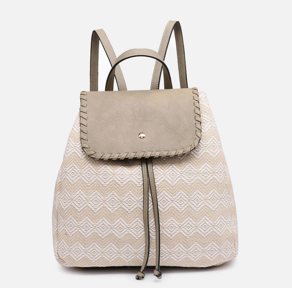 2Toned Straw Textured Backpack -White/Neutral