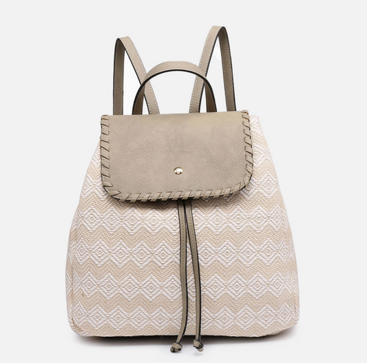 2Toned Straw Textured Backpack -White/Neutral