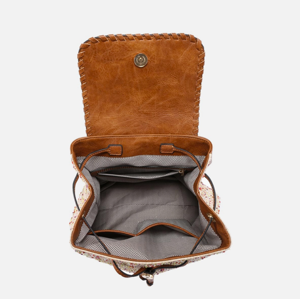 2Toned Straw Textured Backpack -White/Neutral