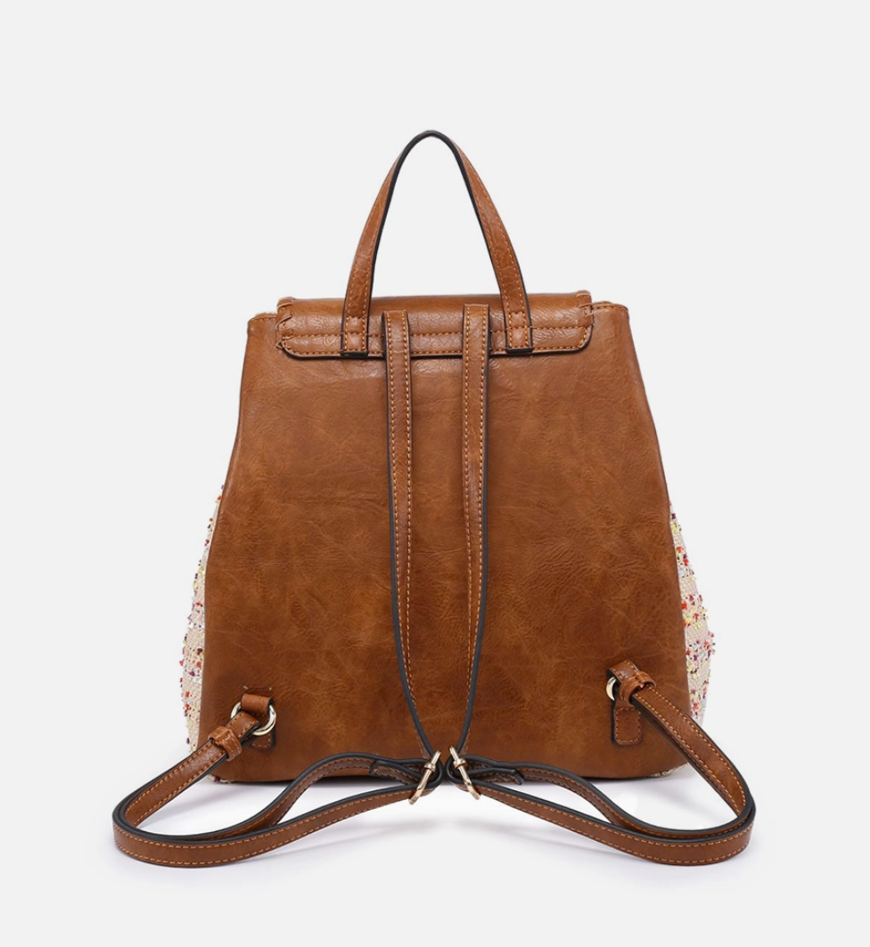 2Toned Straw Textured Backpack -White/Neutral