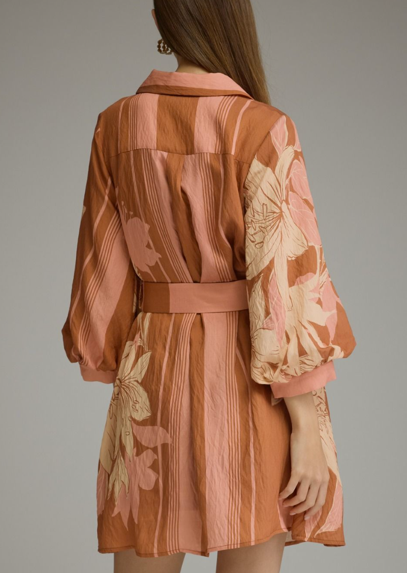 Terracotta Balloon Sleeve Belted Mini Dress