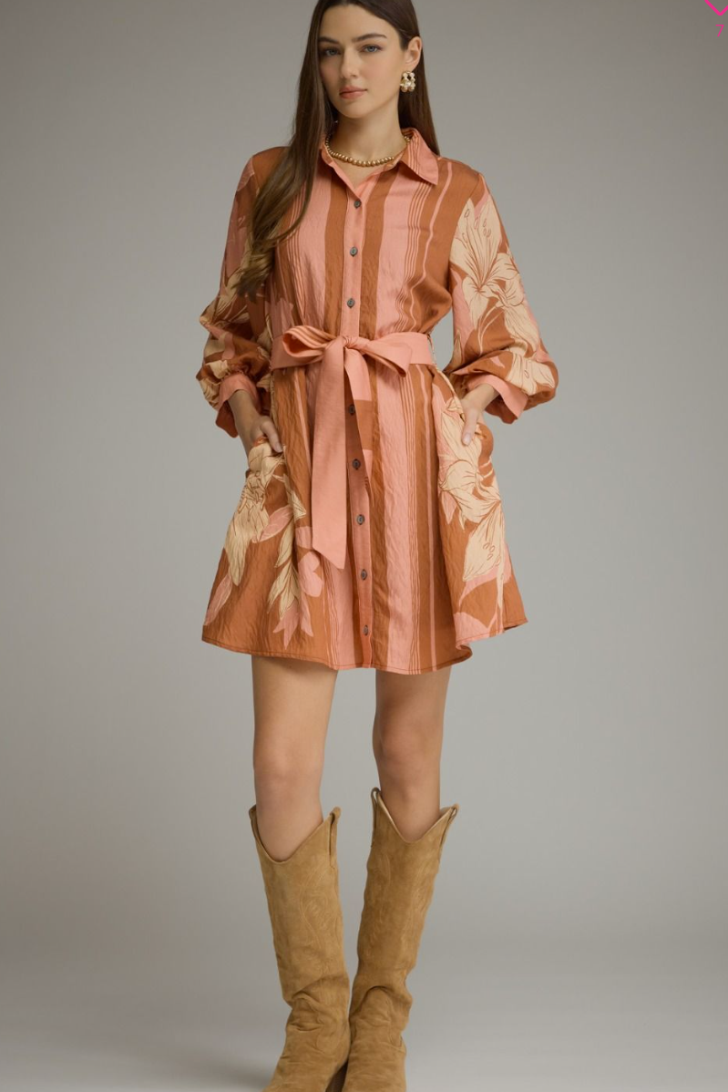 Terracotta Balloon Sleeve Belted Mini Dress