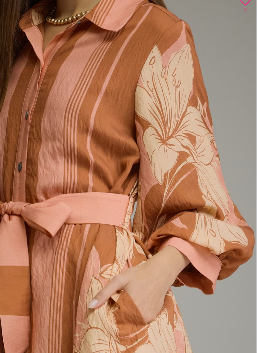 Terracotta Balloon Sleeve Belted Mini Dress