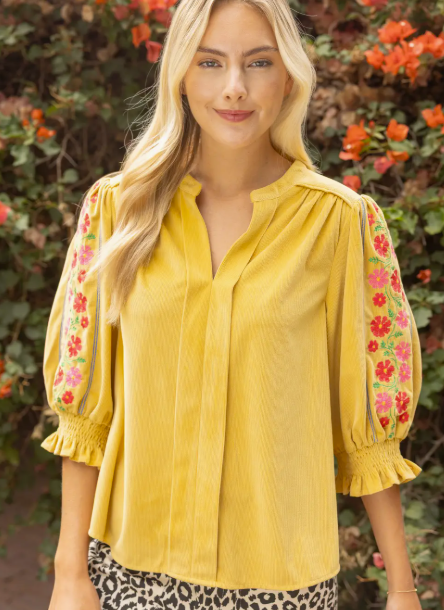 Embroidered Smock Detailed Corduroy Top