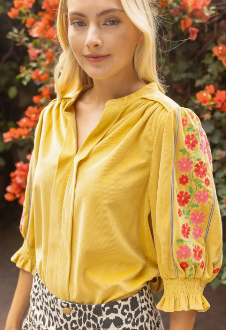 Embroidered Smock Detailed Corduroy Top