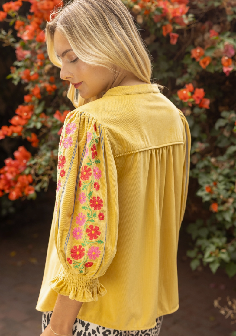 Embroidered Smock Detailed Corduroy Top