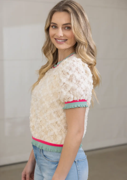 Ribbed Knit Band Floral Lace Top