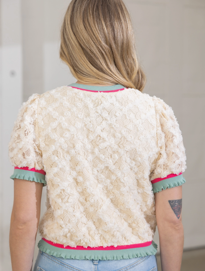 Ribbed Knit Band Floral Lace Top