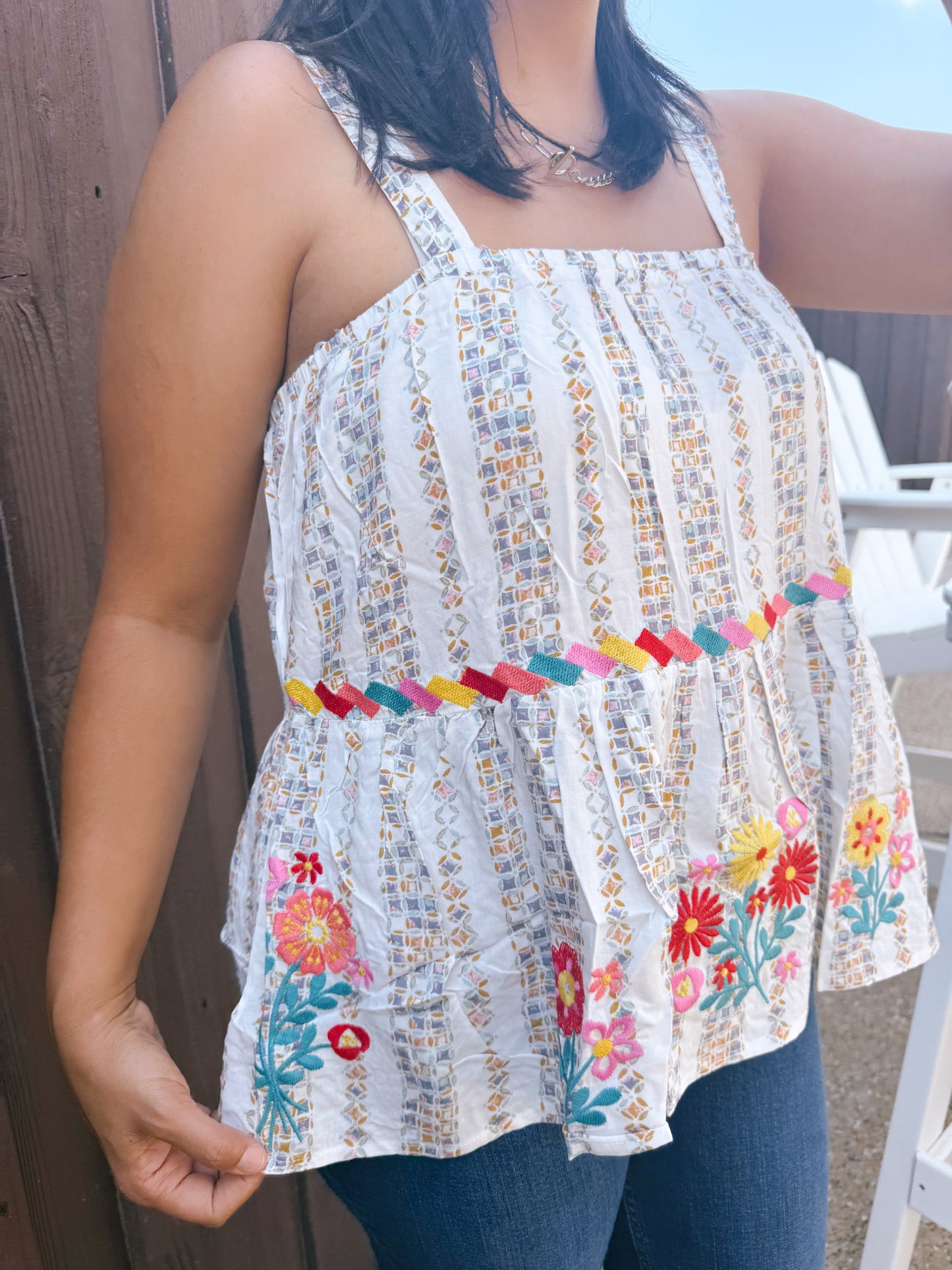 Striped Sleeveless Embroidered Top