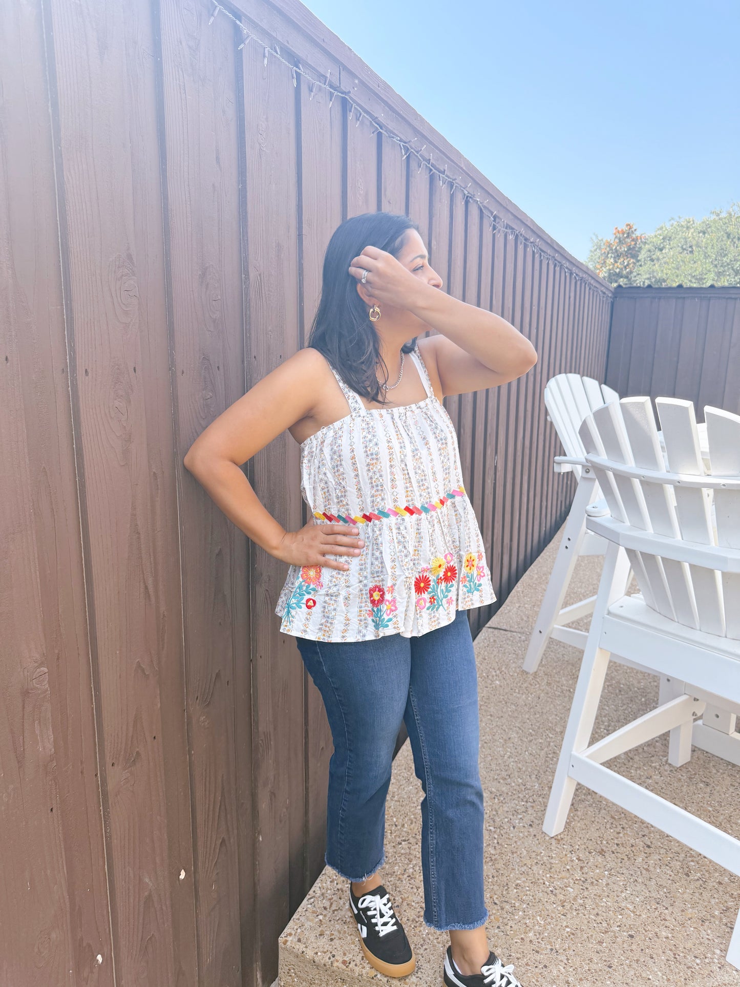 Striped Sleeveless Embroidered Top