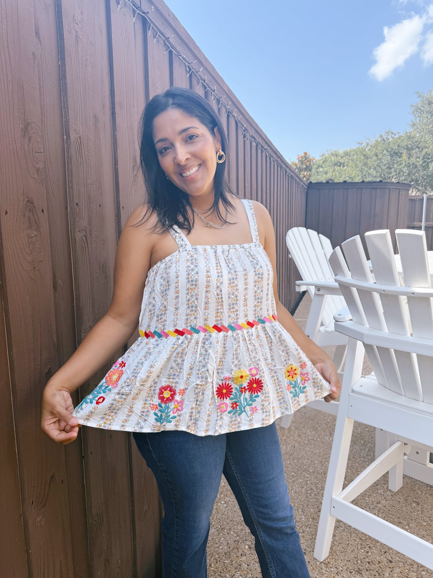 Striped Sleeveless Embroidered Top