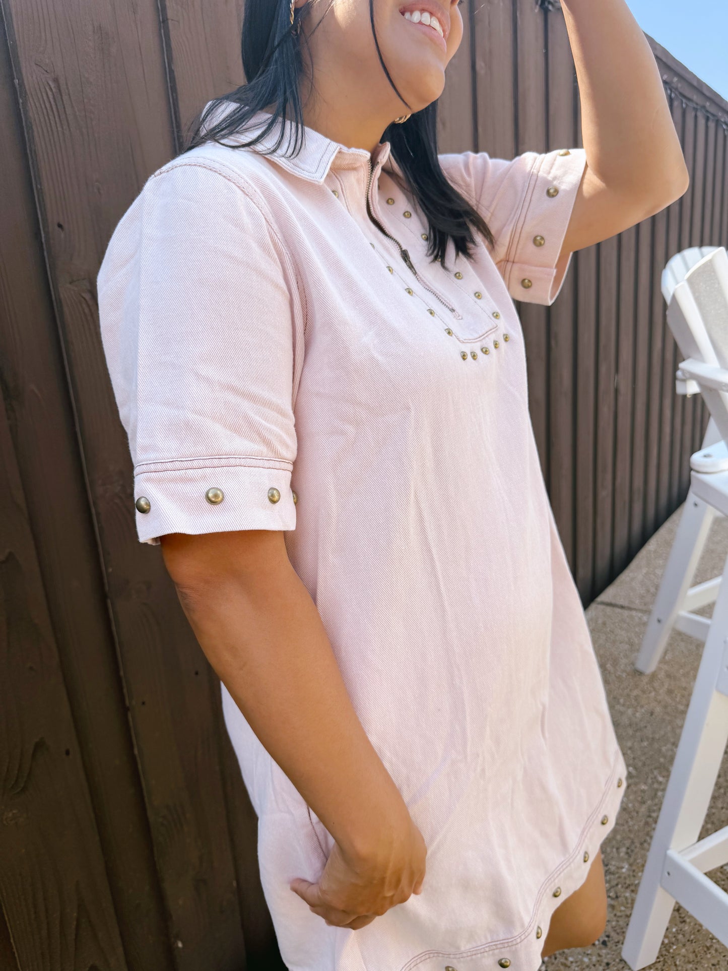 Short Sleeve 1/2 Zip Studded Washed Mini Dress