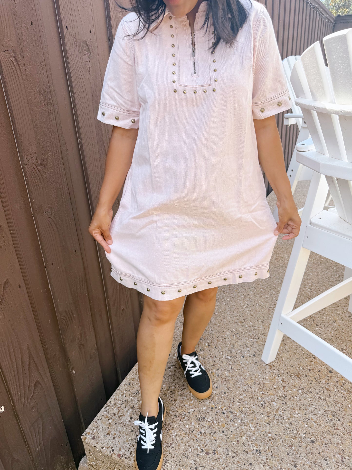 Short Sleeve 1/2 Zip Studded Washed Mini Dress