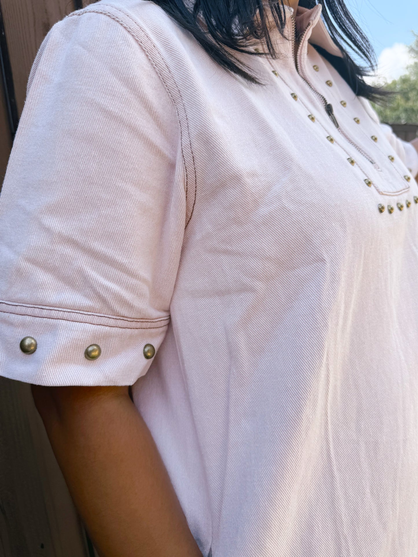 Short Sleeve 1/2 Zip Studded Washed Mini Dress
